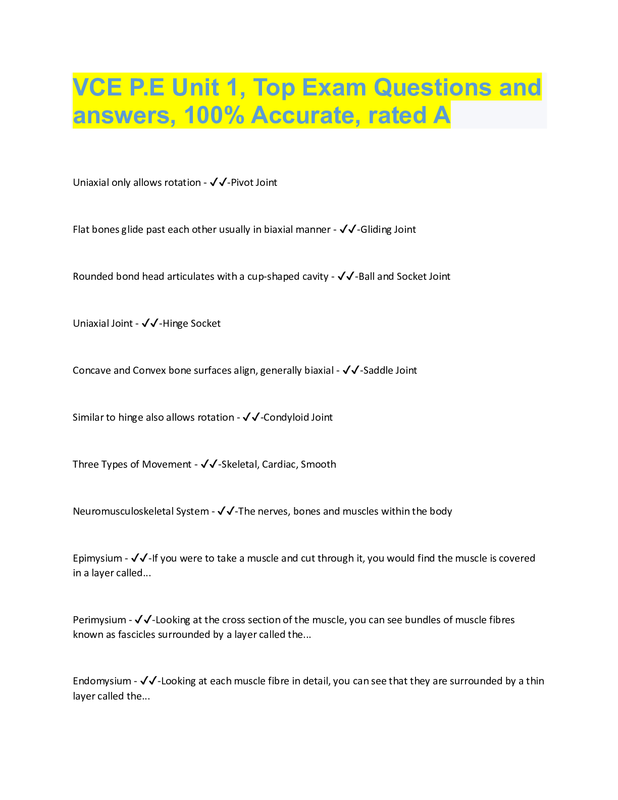 Preview image for VCE P.E Unit 1, Top Exam Questions and  answers, 100% Accurate, rated A